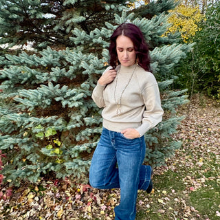 Beige Mock Neck Exposed Seam Sweater