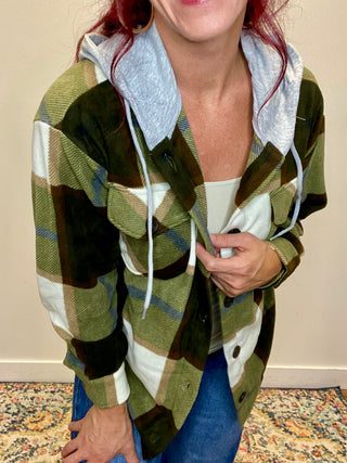 Olive Plaid Hooded Fleece Shacket