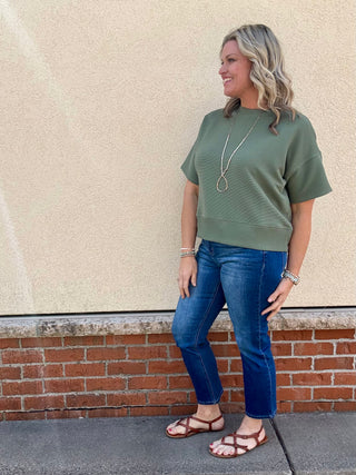 Olive Ribbed Round Neck Short Sleeve