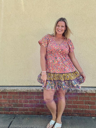 Short Sleeve Floral Smocked Bodice Dress