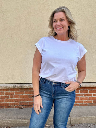 White Round Neck Folded Sleeve Tee