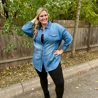 Risen Medium Wash Oversized Denim Shirt