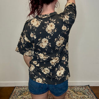 Charcoal Floral Ribbed Top