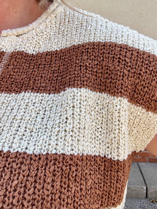 Camel Split Neck Sleeveless Stripe Sweater