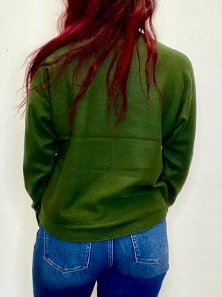 Army Green Front Seam Round-Neck Sweater