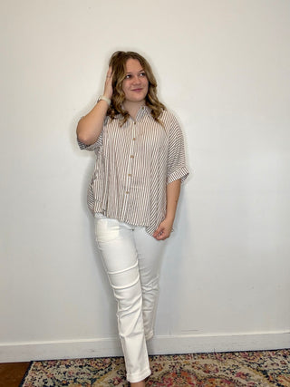 Oversized Brown Striped Button Down Short Sleeve