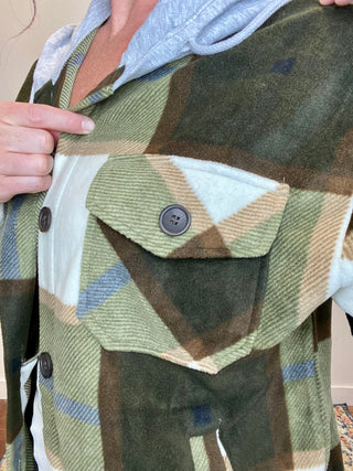 Olive Plaid Hooded Fleece Shacket