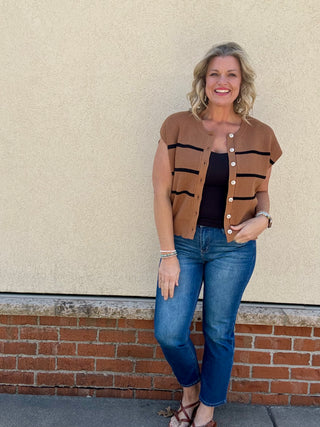 Camel Striped Button Up Sweater Vest