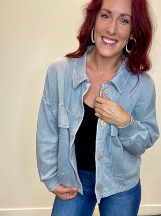 Gray Acid Washed Fleece Shacket with Front Pockets