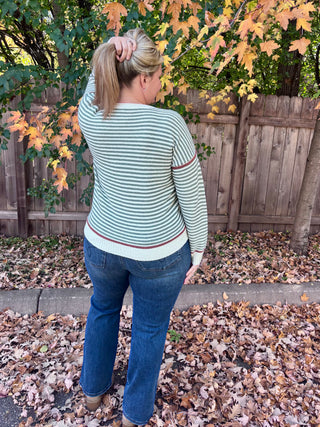 Dark Sage Striped Crew Neck Pullover