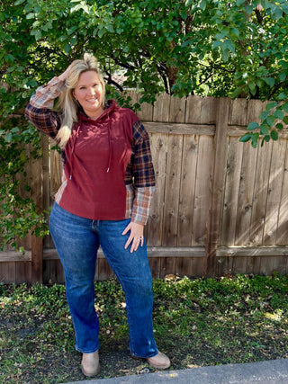 Maroon Soft Knit Hoodie with Mixed Plaid Details