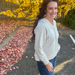 Cream Hooded V-Neck Long Sleeve