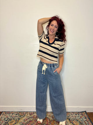 Navy Striped Collared Short Sleeve Cropped Sweater