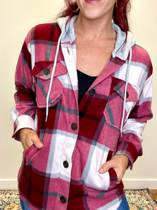 Cabernet Plaid Hooded Fleece Shacket