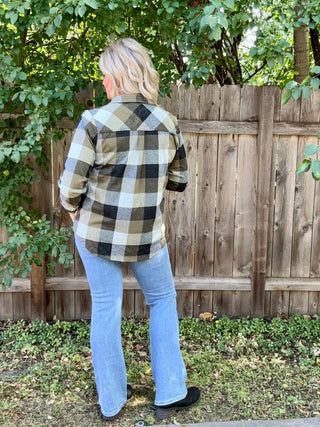 Olive, Black Stretch Plaid Button Up