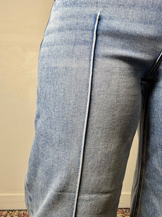 Risen Mid Rise Crop Wide Leg Pintuck Detail Jeans