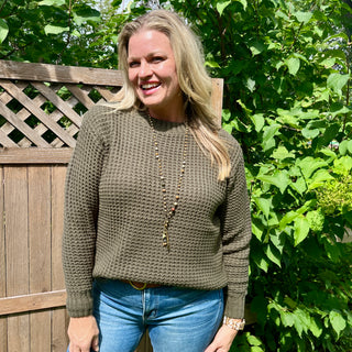 Olive Long Sleeve Round Neck Waffle Knit Sweater