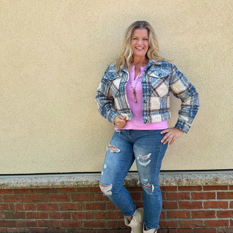 Blue Plaid Crop Sherpa Shacket