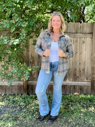 Soft Gray, Tan, White Stretch Plaid Button Up