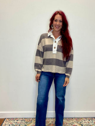 Gray/Cream Striped Hacci Polo Sweater
