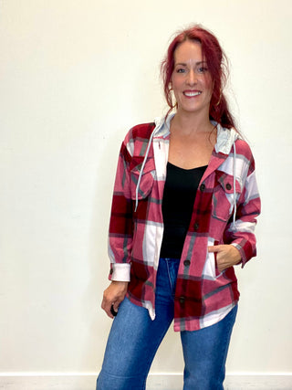 Cabernet Plaid Hooded Fleece Shacket