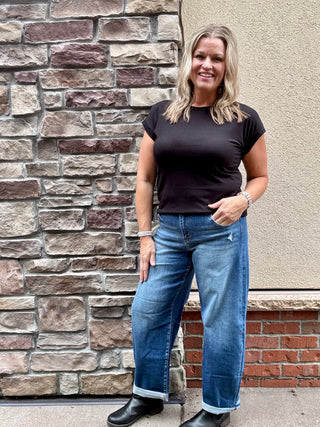 Risen Mid Rise Barrel Double Roll Up Stretch Jeans
