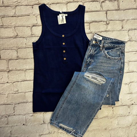 Navy Knit Henley Tank