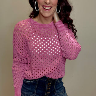 Pink Open Knit Long Sleeve Sweater Top