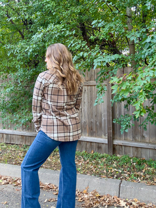 Light Brown, White, Black Stretch Plaid Button Up