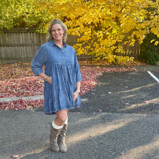 Chambray 3/4 Sleeve Button Up Dress