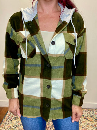 Olive Plaid Hooded Fleece Shacket