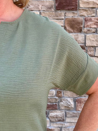 Olive Woven Airflow Short Sleeve Split Neck Top
