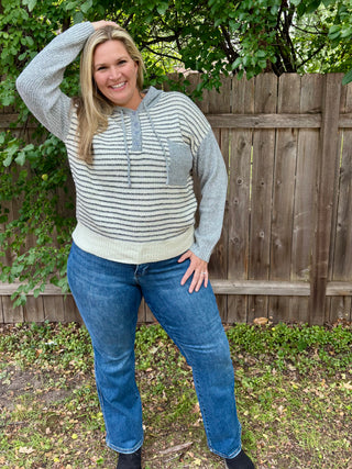 Charcoal Hoodie Sweater button Henley with Cream and Black Stripe