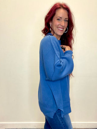 Dusty Blue Side Slit Oversized Sweater