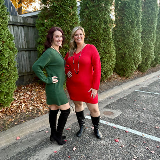 Red V-Neck Sweater Dress