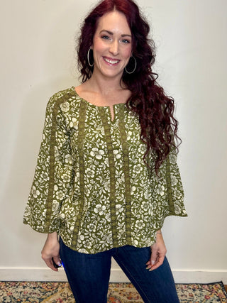 Green Lace Inset Bell Sleeve Blouse