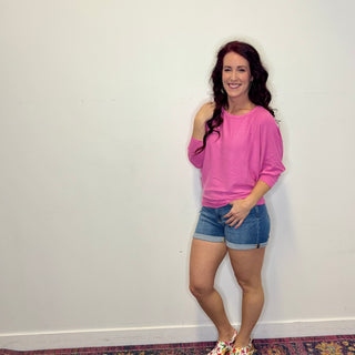 Pink Ribbed 3/4 Sleeve Dolman Top