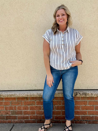 Stripe Collared Half Button Short Sleeve