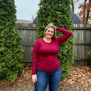 Burgundy Basic Round Neck Long Sleeve