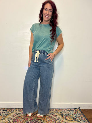 Wide Leg Denim Drawstring Pants