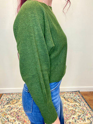 Dark Olive Boat Neck Balloon Sleeve Sweater