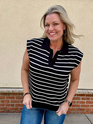 Ivory/Black Striped Collared Sweater Sleeveless Top