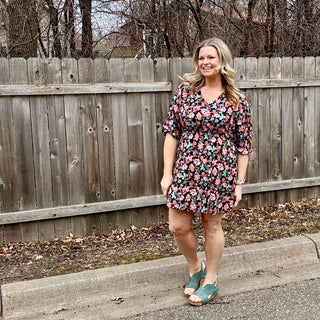 Black Patterned V-neck 3/4 Sleeve Dress
