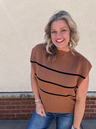 Camel Striped Button Up Sweater Vest
