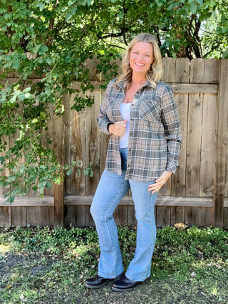 Soft Gray, Tan, White Stretch Plaid Button Up