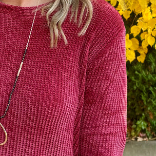 Dark Burgundy Round Neck Waffle Knit Sweater