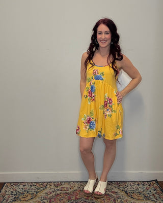 Yellow Flower Print Mini Tank Dress