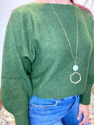 Dark Olive Boat Neck Balloon Sleeve Sweater
