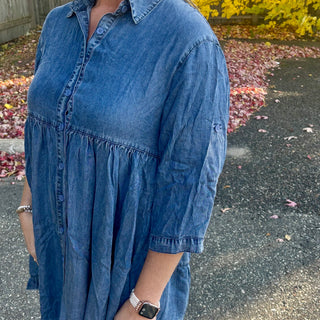 Chambray 3/4 Sleeve Button Up Dress