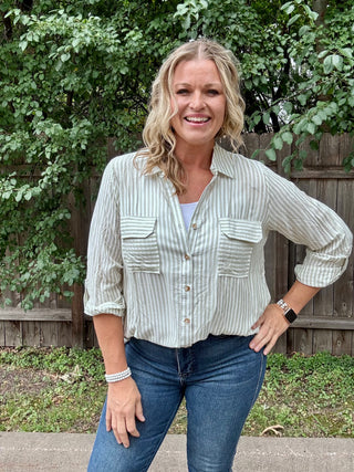 Light Olive Striped Collard Light Weight Button Down Top